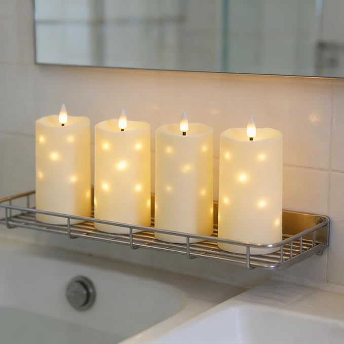 Lezonic Flameless Waterproof Outdoor Candles with Flickering Dancing Flame, 4Pcs Battery Operated Candles with Remote, Ivory LED Pillar Built-in String Lights for Patio Wedding Decor, 3.25" x 6"