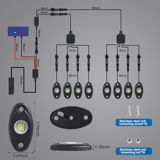 8pods White Rock Lights 12v Aluminum 6000k Super Brights Led Rock Light for Trucks with Switch Ip68 Waterproof for Utv ATV SUV RZR Rv Trucks Pickup Car Automotive Neon Accent Light Kits
