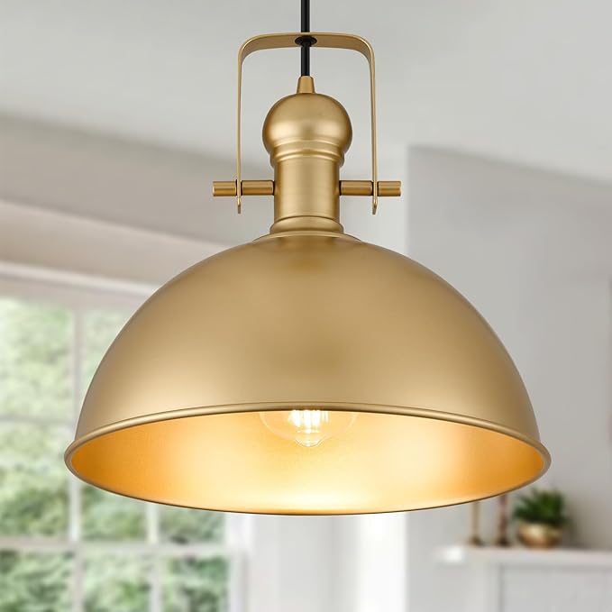 12 Inch Gold Farmhouse Pendant Lights Matte Pendant Lights for Kitchen Island Industrial Adjustable Height Vintage Dome Hanging Light Fixtures for Barn, Dining Room 3 Packs