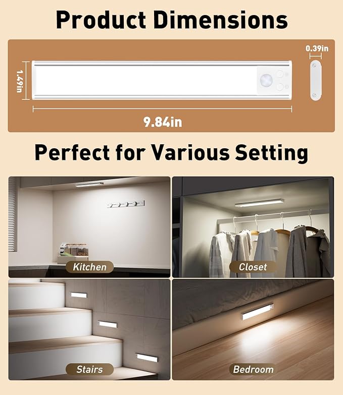 SZOKLED Motion Sensor Light Indoor, Rechargeable Closet Lights Battery Operated, Dimmable Under Cabinet Lighting for Kitchen, Stair, Wardrobe, Pantry, 4Pack (9.84inch)
