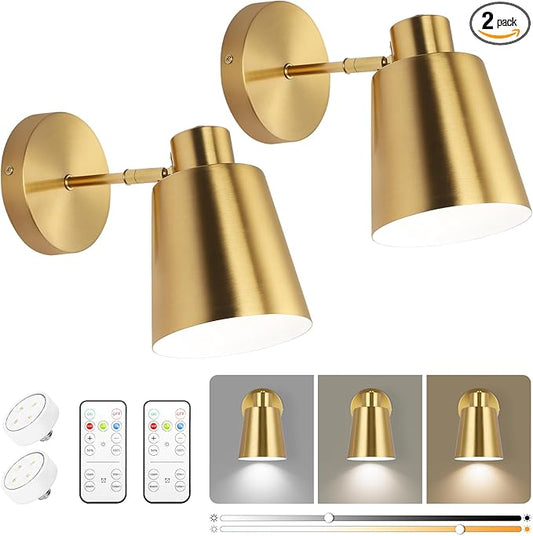 Gold Wireless Battery Operated Wall Sconces, Industrial Cordless Battery Powered Led Wall Lights Set of 2, Vintage Wall Lamp Fixture Indoor with Remote Control for Bedroom, Bathroom, Hallway