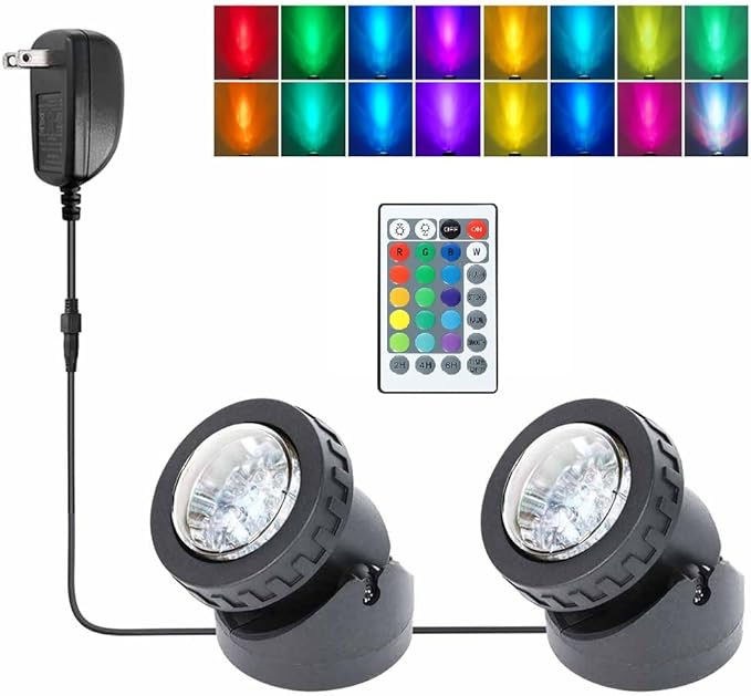 Pond Lights Colored with Timer, Fountain Lights IP68 Waterproof Underwater LED Dimmable Outdoor Spotlights for Lawn Pond Fountain Waterfall Garden Landscape, 2 Lights