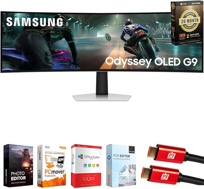 Samsung 49" Odyssey G9 Dual QD-OLED G91SD Curved Ultrawide Gaming Monitor Bundle with Tech Smart USA Elite Suite 18, 2X 4K HDMI Cable & Deco Gear CPS 26 Month Protection Pack (BEACH-CPS-26M1500)