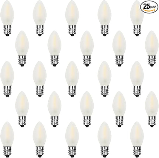 25 Pack LED C7 Frosted Replacement Bulbs,Frosted White Glass LED Light Bulbs Dimmable 0.6 Watt C7/E12 Base Light Bulbs for Night Light Candle Lamps Christmas Tree Lights