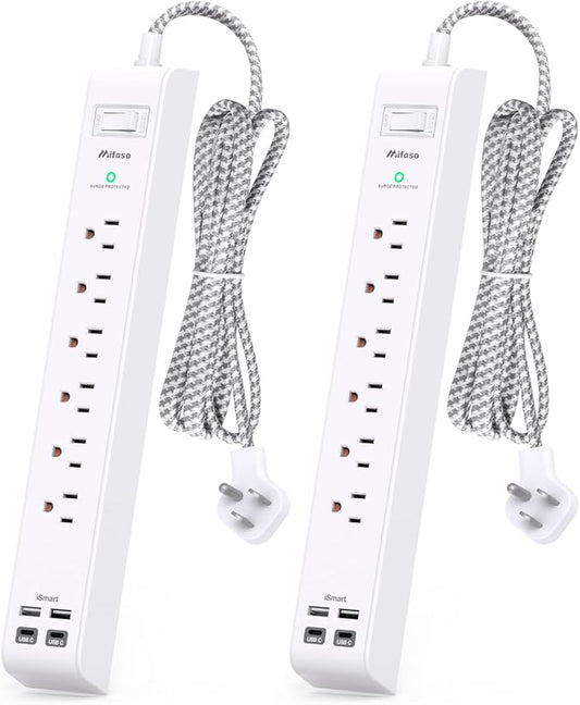 2 Pack Power Strip Surge Protector - 6 Outlets 4 USB Charging Ports, 5Ft Braided Extension Cord, Flat Plug, Overload Protection, Wall Mount for Home Office, Dorm Room Essentials White