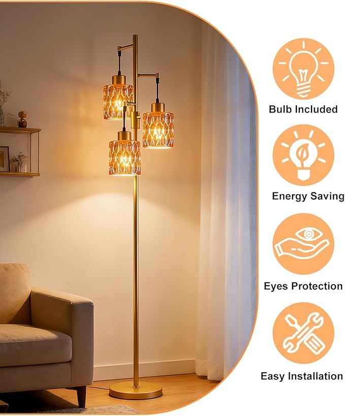 Lightdot 67" 3-Light Glass Floor Lamps for Living Room, Dimmable Floor Lamp with Brown Glass Shade& E12 Bulbs Included, Mid Century Standing Tall Lamp for Bedroom/Sofa Beside/Corner Decor-Gold