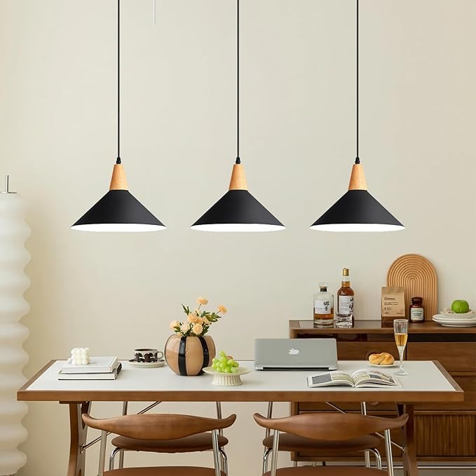 Modern Black Pendant Light Fixtures, 11.8" Farmhouse Wood Pendant Lighting, Industrial Cone Hanging Lights for Kitchen Island,Dining Room,Hallway,Barn,Entryway,Restaurant