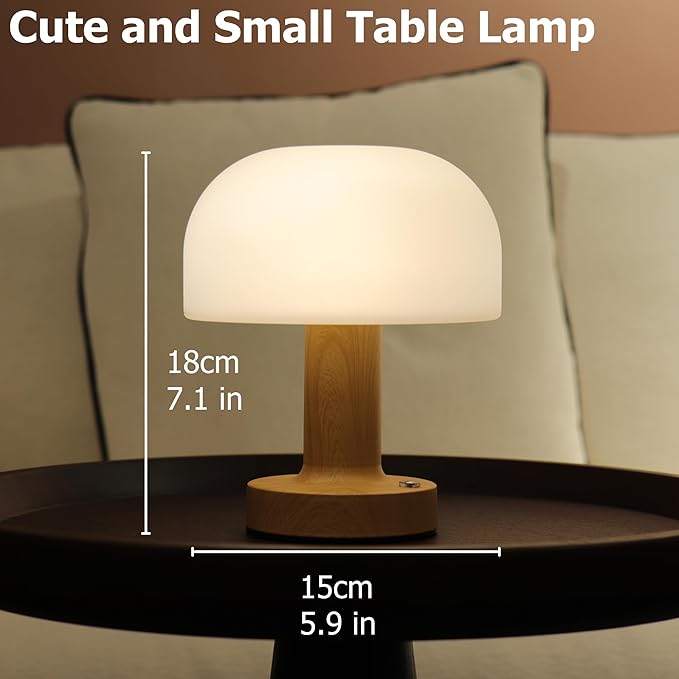 Small Mushroom Table Lamp, Cordless Night Light with 2600mAh Rechargeable Battery, Stepless Dimming Desk Lamp with 3 Colors for Bedroom/Patio/Living Room (Black-1)
