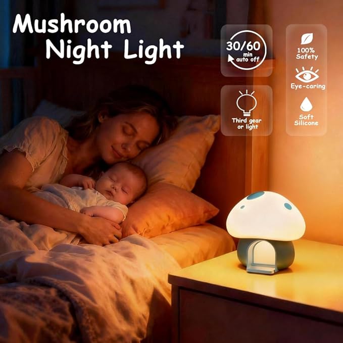 Kids Night Light, Kawaii Bunny Mushroom House Silicone Night Light with Tap Control, 3-Step Dimmable, 30/60 Min Auto-Off Timer, Rechargeable Bedside Nursery Lamp (Blue)
