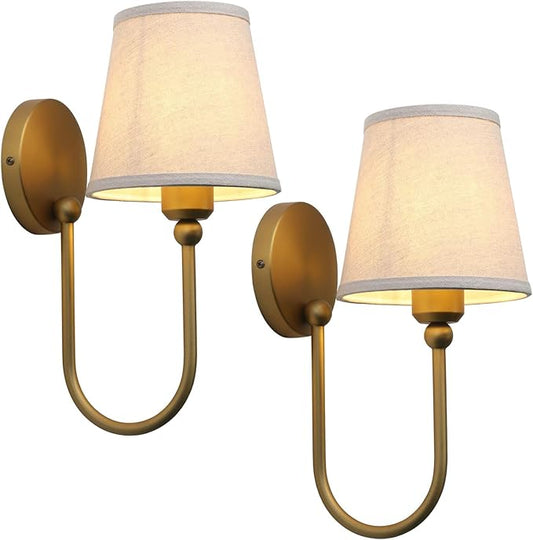 Pathson Antique Linen Fabric Wall Sconces Set of 2, Hardwired Curved Arm Bathroom Vanity Light, Indoor Wall Decor Lamp for Living Room, Kitchen, Bedroom, Foyer