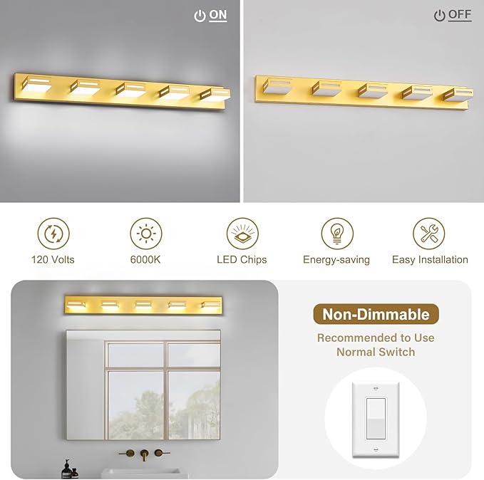 40-Inch 5-Light LED Modern Gold Bathroom Vanity Light Fixtures Over Mirror, Bathroom Lighting Fixtures with Cool White 6000K, Vanity Wall Lights for Bath Restroom Powder Room