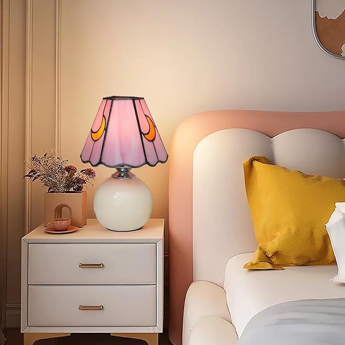 Mushroom Lamp Tiffany Lamp Stained Glass Table Lamp Moon Cute Small Bedside Lamps for Living Room Home Decor,Unique Aesthetic Home Living Room Decor Girls Women Birthday Day Gift,Pink