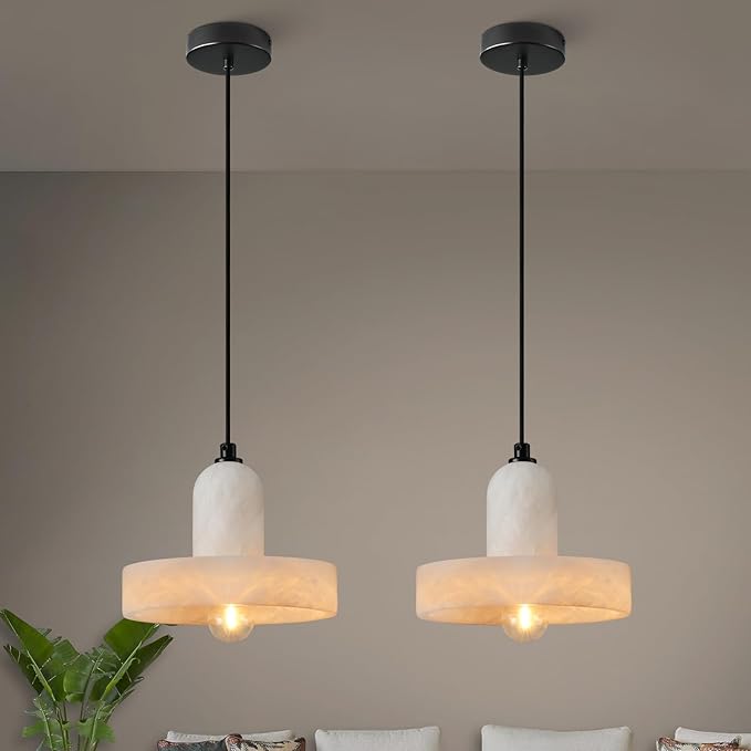 Alabaster Pendant Light Kitchen Island, Black Hanging Light Fixture with Natural Alabaster Stone Shade, Adjustable Pendant Lighting Over Sink, Dining, Bar, Counter - 2 Pack