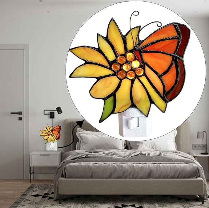Stained Glass Butterfly Night Light.Butterfly Night Light Bedroom Bed Light Gifts from Nature,Nature Night Light.DYM1001 (Flower Butterfly)