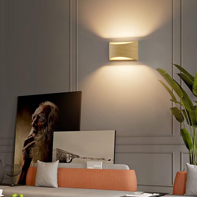 Aipsun Aluminum Modern LED Wall Sconce Hardwired Interior Wall Lights Set of 2 Wood Texture Up and Down Wall Mount Light for Living Room Bedroom Hallway Corridor Warm White 3000K(with G9 Bulbs)