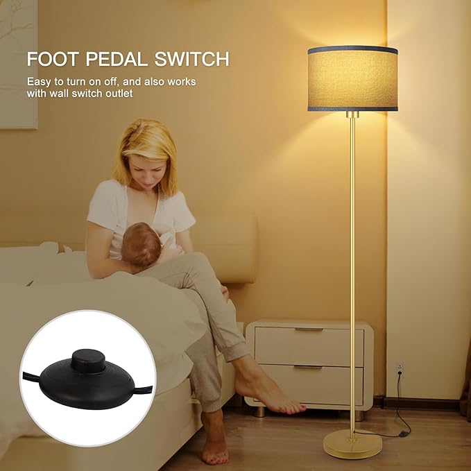 Gold Floor Lamp, Standing Lamp, Rustic Living Room Lamps with with Jute Shade, Foot Pedal Switch, Bright Farmhouse Tall Lamp, Corner Lamp for Bedroom Office (LED Bulbs Included)