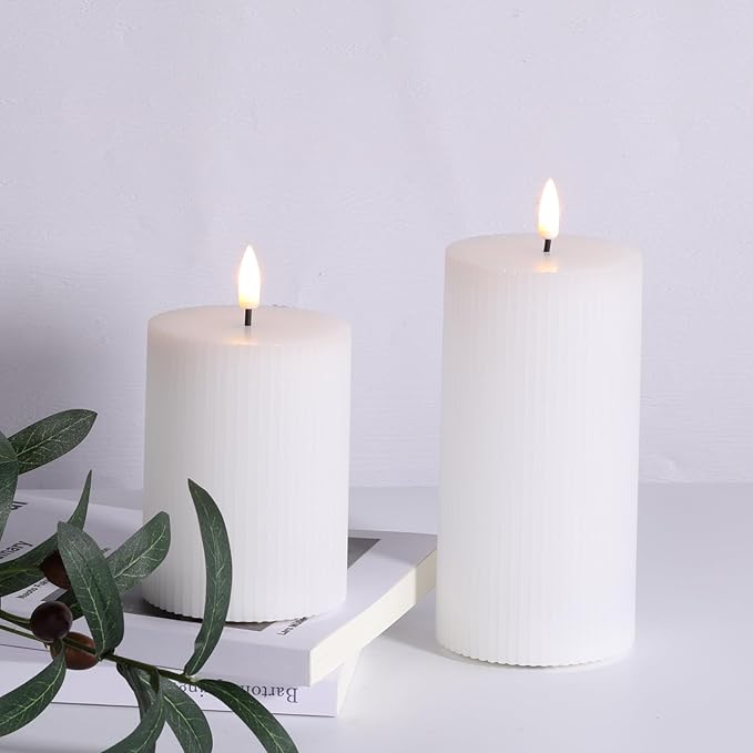 White Ribbed Flameless Pillar Candles with Remote, Flickering LED Wax Candles Battery Operated Set of 2