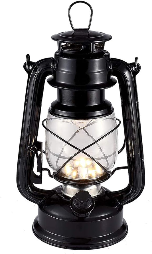 Vintage LED Hurricane Lantern, Warm White Battery Operated, Antique Metal Hanging With Dimmer Switch, 15 LEDs, 150 Lumen for Indoor or Outdoor Usage (Black)