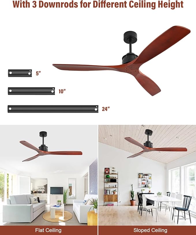 60 Inch Walnut Ceiling Fan with Remote Contro, 3 Wood Blade Ceiling Fans Without Lights, Ceiling Fan No Light with Timer, Noiseless Reversible DC Motor for Indoor Outdoor Farmhouse