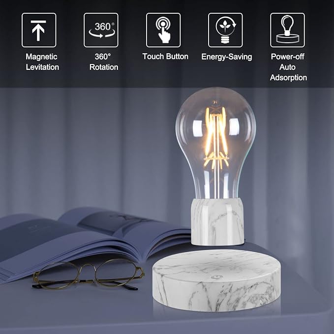 VGAzer Magnetic Levitating Floating LED Light Bulb Desk Lamp for Unique Gifts, Room Decor, Night Light, Home Office Decor Desk Tech Toys (Round Marble Base)