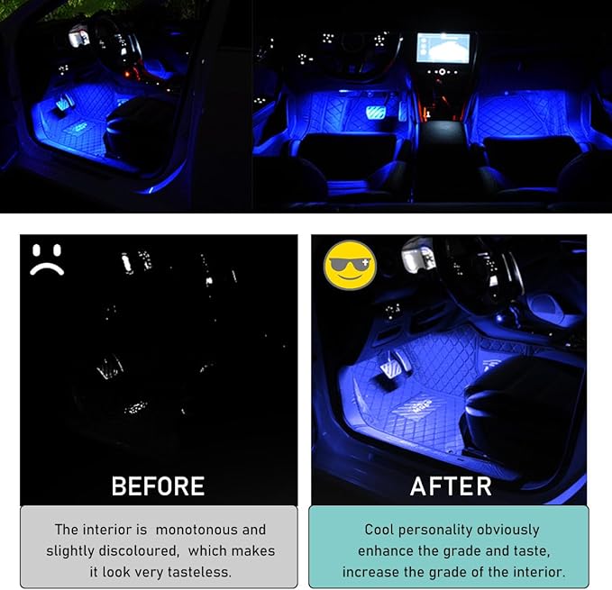 Car LED Strip Light, 24 LED Auto Interior Under Dash Atmosphere Lights with USB Port, Vehicle Decor Lamp Ambient Night Light Strip Lighting Kit, Universal Car Accessories (Blue)