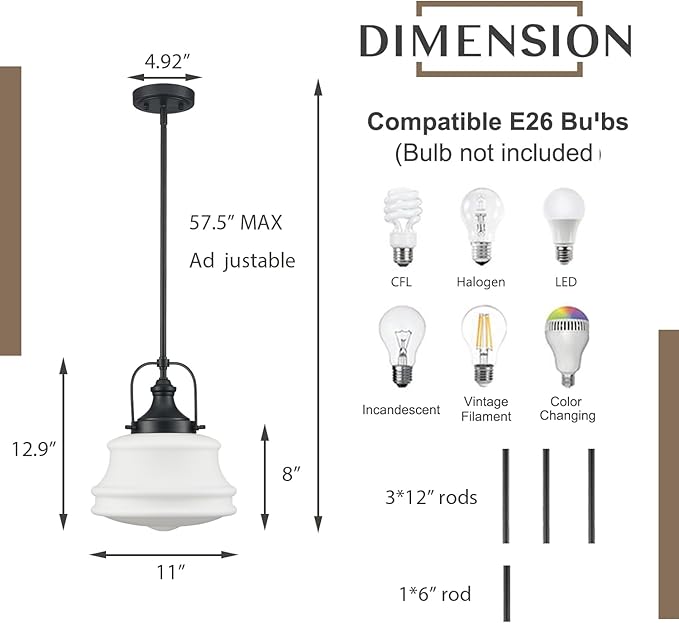 Industrial Pendant Light Fixtures Black Hanging Adjustable Schoolhouse Light Milk White Shade for Kitchen Bar Bedroom Bathroom Dining Room