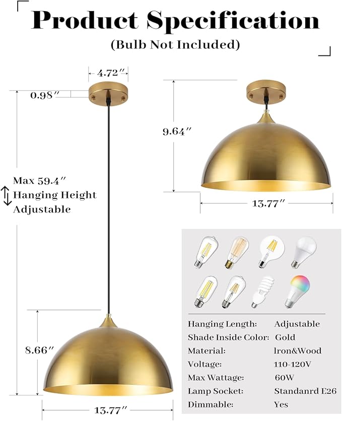 Gold Pendant Lights Kitchen Island 2 Pack, 14 Inch Gold Dome Pendant Light, Large Kitchen Pendant Light, Island Pendant Lights for Kitchen, Dining Room, Cafe