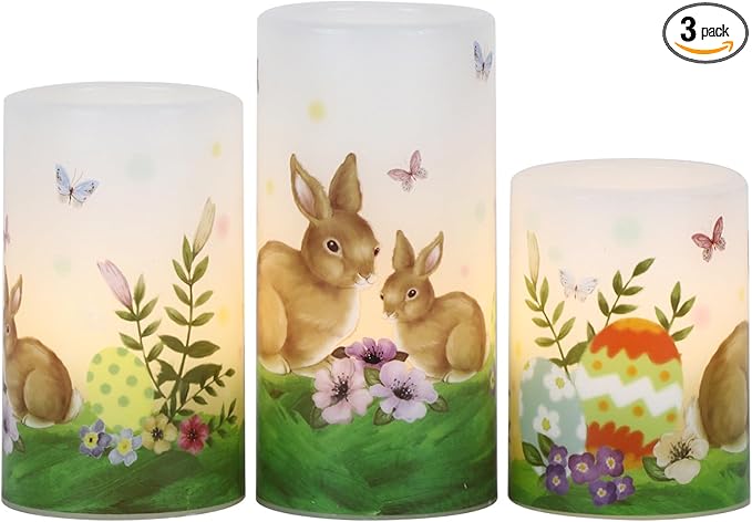 Eldnacele Easter Bunny Flameless Flickering Candles with 6H Timer Battery Operated Real Wax Candles Easter Eggs Lilies Rabbits Home Decor 4”5”6”H (3”D)
