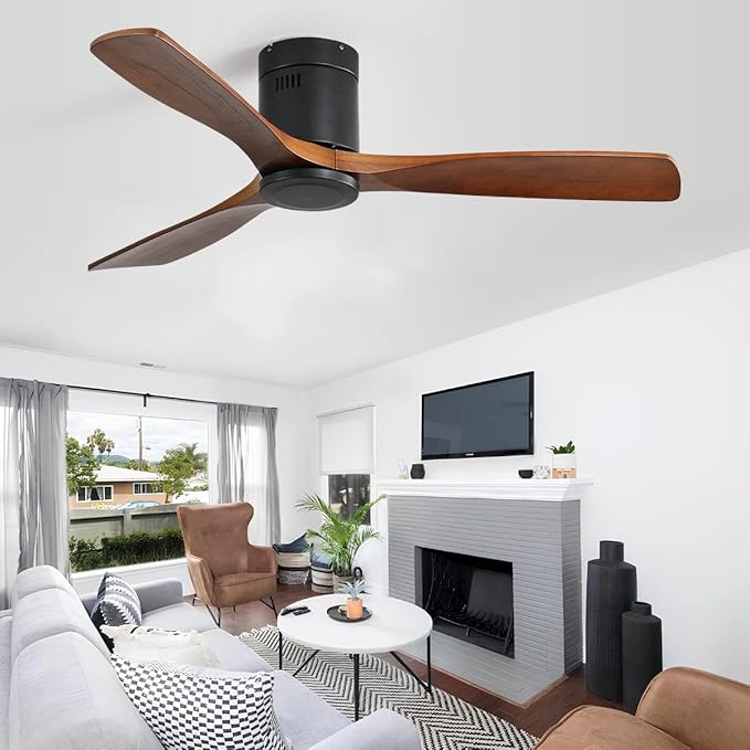 52" Low Profile Ceiling Fan with Remote,Outdoor Flushmount Ceiling Fan with 3 Wood Blade Noiseless Reversible DC Motor, For Living room Bedroom Farmhouse
