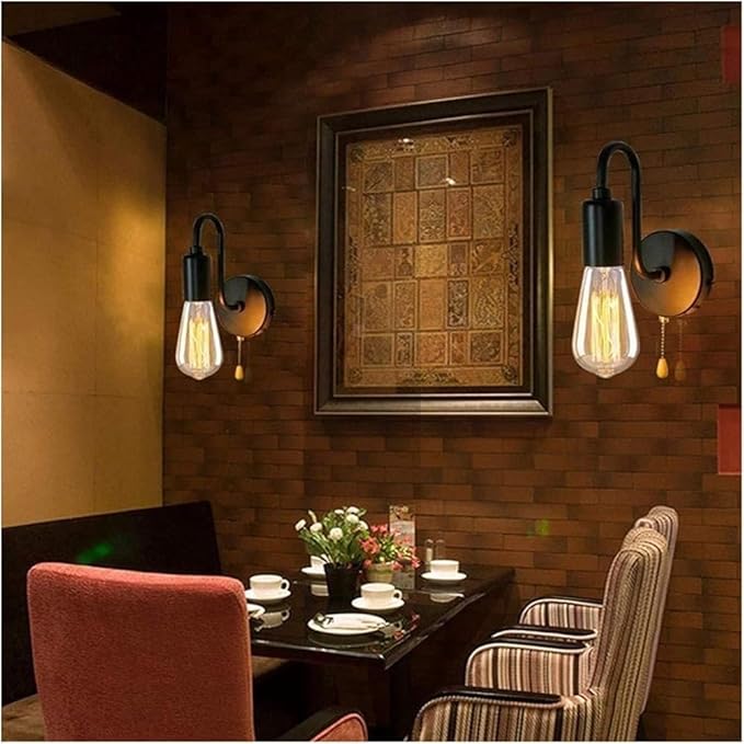 Vintage Black Iron Wall Sconce Industrial Retro Light E27 Base Pull Cord Switch Wall Wash Lantern for Cafe Office Restaurant