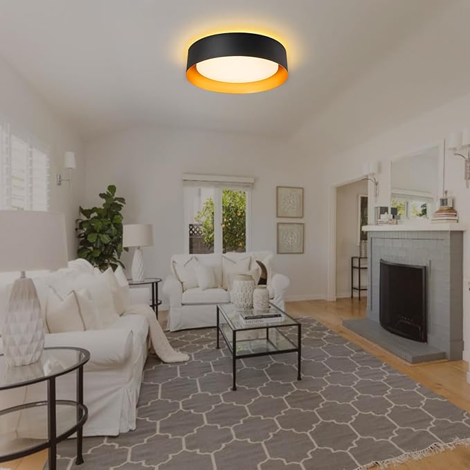 Bargeni Flush Mount Ceiling Light,12.5 inch LED Ceiling Light with Night Light,Matte Black with Gold Inside,24W/2700K/3000K/4000K/5000K/6000K/5CCT Selectable,Light Fixtures Ceiling Mount for Bedroom