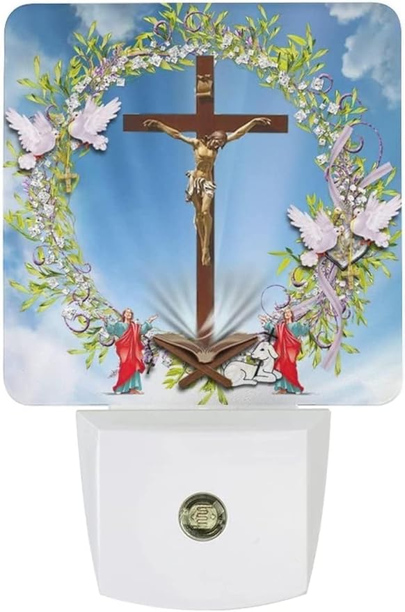 Jesus Cross Plug-in Night Light,Christian Brightness Lily Light Easter Lamp Auto Dusk to Dawn Sensor Nightlights Plug into Wall,Faith Religious Nightlight Home Decor for Kids Bedroom,Bathroom,Hallway