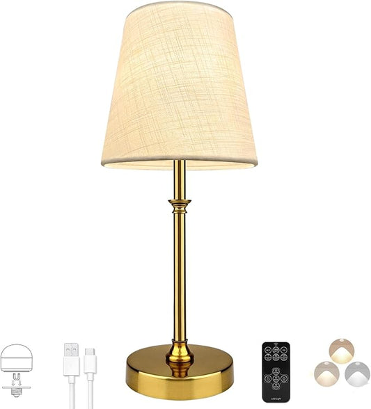 BLUEYE Cordless Table Lamps,Remote Control,5200mAh,No Flicker,2700K-6000K,Rechargeable Bulb,50W Equivalent,Retro Style,Fabric Shade,Battery Operated Ambient Light for Bedside,Hallway,Restaurant,Gold