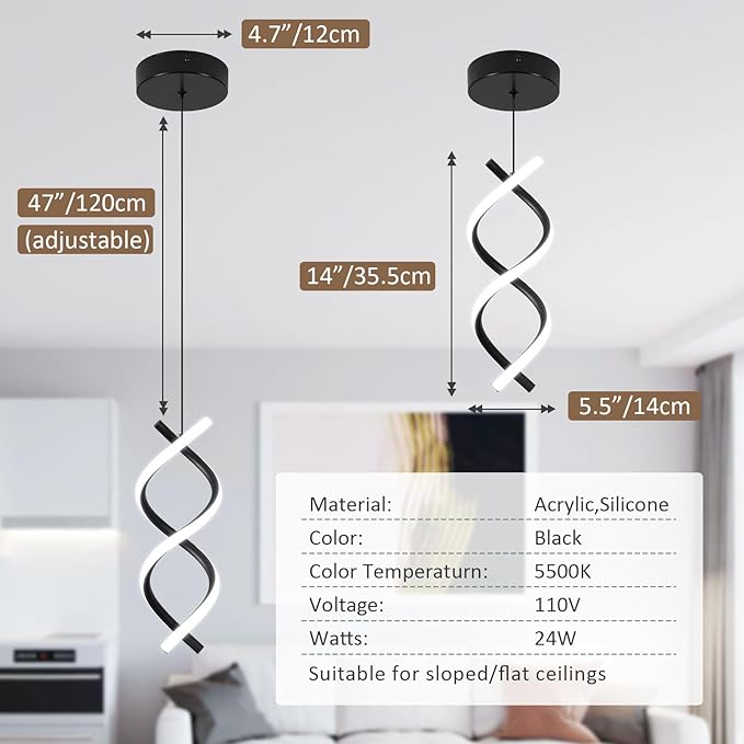 CANEOE Spiral Led Pendant Light Fixture,15W 6000K Modern Integrated LED Hanging Lamp, Adjustable Height Black Kitchen Island Light Fixture for Dining Room Bedroom Kitchen Sink, 1 Pack (Black)