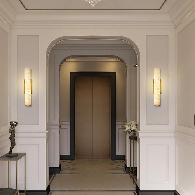Gold Alabaster Wall Sconces Set of 2, Spanish Natural Marble Wall Sconce, 20" Brass Wall Sconce for Bathroom, Indoor Stone Wall Sconces Dimmable, Alabaster Wall Light for Living Room, Bedroom, Hallway