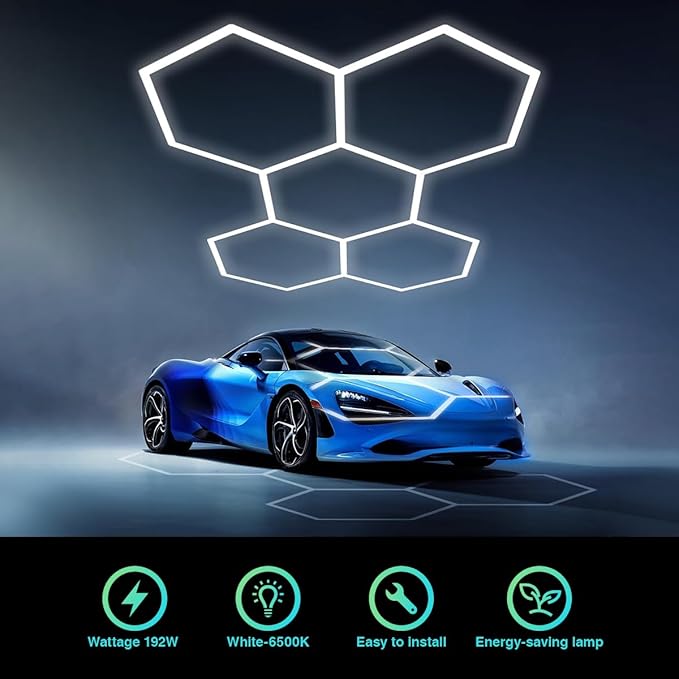 LED Hexagon Garage Light: 5 Honeycomb 24 Packs 6500K 21120LM Super Bright Car Detailing Garage Ceiling LED Shop Light for Warehouse Workshop Gym Basement Car Care Wash Room Hex Lights