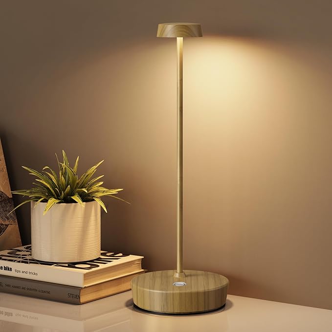 Cordless LED Table Lamp，Rechargeable Battery Desk Lamps, 3 Color Stepless Dimmable Metal Battery Table Lamps, Portable Waterproof Table Light for Indoor/Outdoor/Restaurant (2Pack Wood Grain)