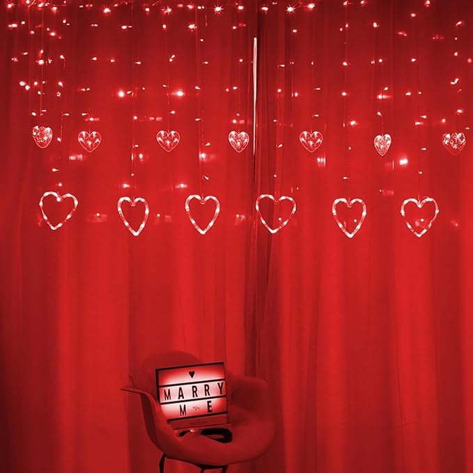 Dazzle Bright Valentines Day Lights, 138LED 9FT 12Heart Curtain String Lights with 8 Modes, Plug in Galentines Decorations for Indoor Window Outdoor Wedding Party Decor (Red)