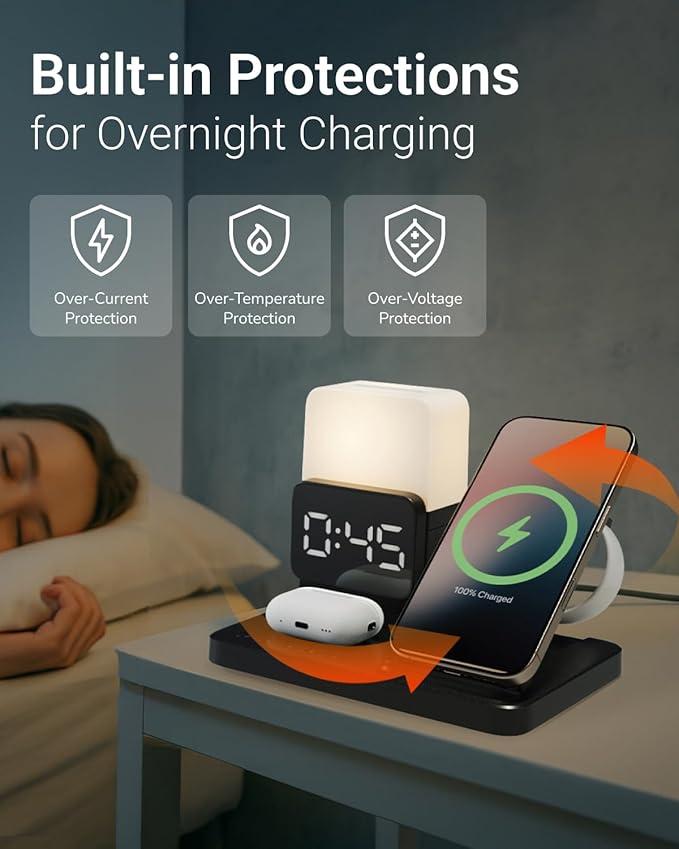 M.A.D LAB Bedside Apple Charging Station & Alarm Clock with Night Lamp – Wireless Charger Designed for AirPods, AirPods Pro 2 & Apple Watch and Qi-Compatible for iPhone and Android Phone Charger