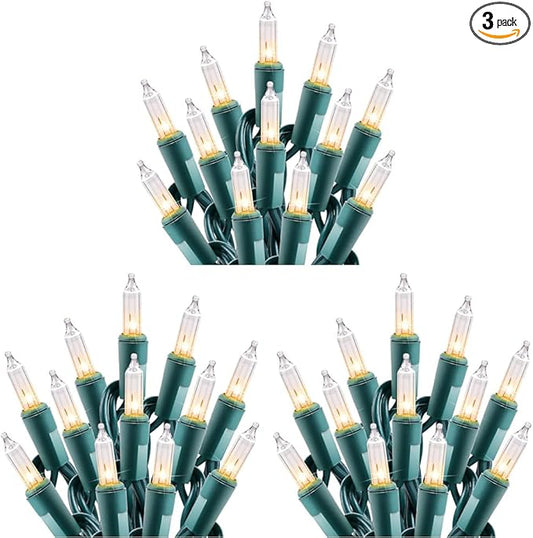 Minetom Clear Christmas String Lights 100 Count 25 Feet Incandescent Bulb Mini Lights for Indoor Xmas Tree Garland Birthday Wedding Party Festival Decoration, Green Wire (Pack of 3)