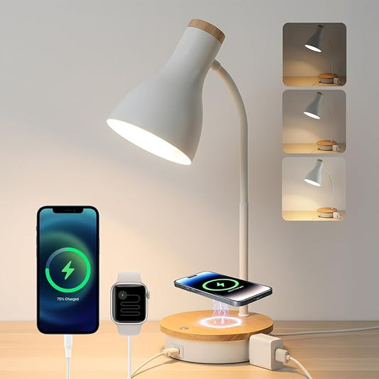 Desk Lamp for Home Office, 10W Wireless Charger Desk Light with USB C+AC Charging Ports,3 Ways Dimming Reading Light, Touch Table Lamp for College Dorm Room (White-Fast Charging (10W))