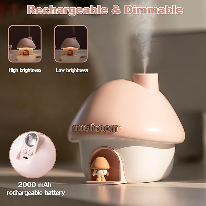 Humidifier for Bedroom, 300ML Cute Mushroom Humidifier with Night Light & 6 Colors Sunset Lamp Projection, Rechargeable Cool Mist Small Humidifier, Mini Humidifier Gifts for Kids Boys Girls (Pink)