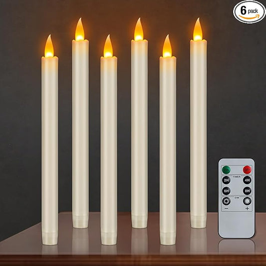 Flameless Taper Candles 10" Dripless Battery Operated Candle with Remote Timer, 6 Pack Christmas Window Candles, 400+ Hours by 2 AA Batteries for Home Decor, Candlelight Dinner, Weddings