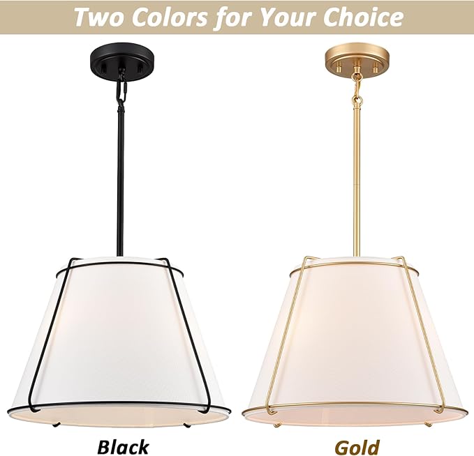 Cone Pendant Light Fixture with Metal Lantern Fabric Drum Shade 16" White and Gold Chandeliers for Kitchen Dining Room Living Room Bedroom