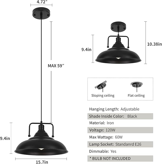 Black Pendant Light, Large Pendant Light 15.7" 3 Packs, Modern Farmhouse Pendant Lights, Kitchen Pendant Lights, Pendant Lighting Kitchen Island for Kitchen, Living Room