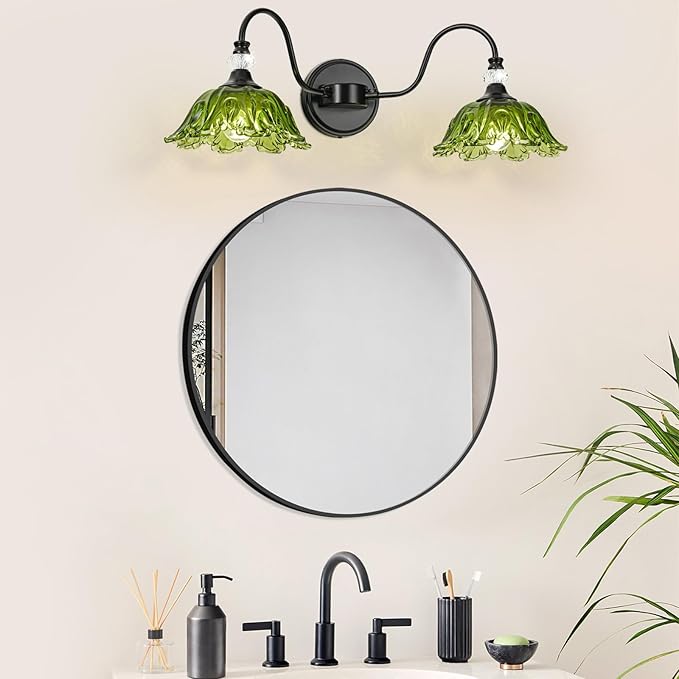 Black Bathroom Vanity Light, 2-Light Vanity Light with Floral Green Glass Shades,Vintage Farmhouse Wall Mount Lighting for Bathroom, Dressing Table