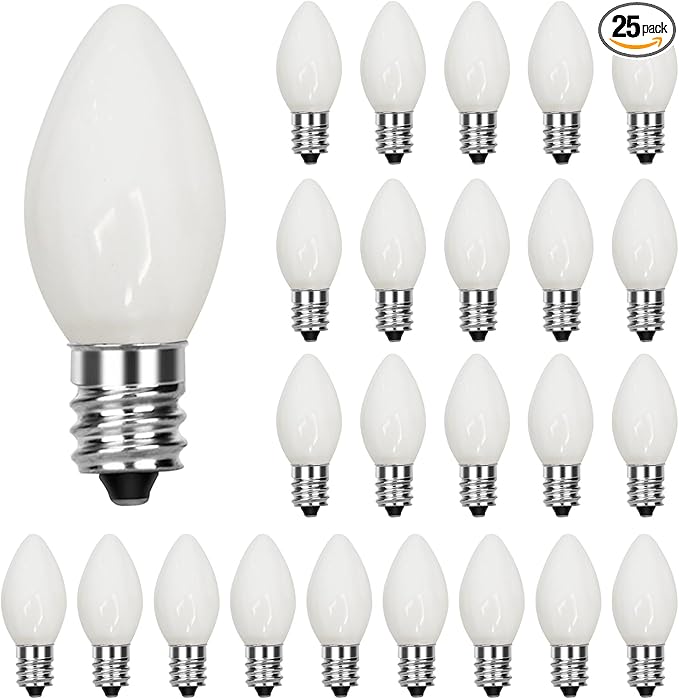 25 Pack C7 White Replacement Spare Incandescent Patriotic Light Bulbs, 5w Vintage Glass Ceramic White Light Bulbs C7/E12 Base for Independence Day, Patriotic Parties Decor