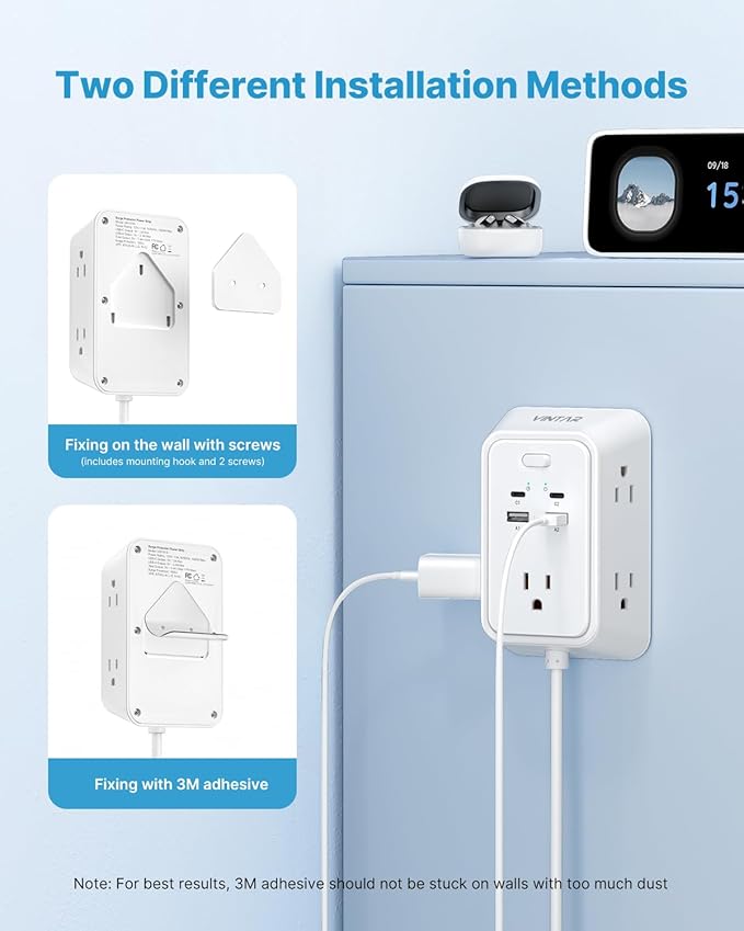 10ft Flat Plug Extension Cord, VINTAR Multi Outlet Extender with 5 Outlets and 4 USB Ports (2 USB-C), 3-Sided Wall Mount Charger, 1800J Surge Protector Power Strip for Home, Office, College Dorm