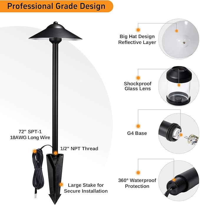 Gardenreet Brass low voltage pathway lights - 3 Color Temp Selectable Black 12V Path Light Waterproof, Wired Outdoor LED Landscape Area Lighting for Garden Walkway with 3W 270LM 2700K G4 Bulb (6 Pack)