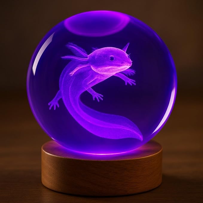 3D Axolotl Crystal Ball 3.15" with LED Lamp Colorful Wooden Base Night Light with Removable Glow Ball Color Changing Light with Remote as a crystal ball for Boy Friends (5-Axolotl, 3.15" (Inch))